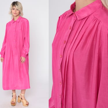 80s Shirtdress Hot Pink Button Up Shift Puff Sleeve Dress Midi Dress Pleated Tent Secretary Vintage 1980s Long Sleeve Oversized Large L 