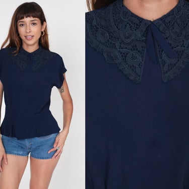 Lace Collar Blouse 60s Shirt Navy Blue Top Vintage Cap Sleeve Party Shirt 1960s Mad Men Formal Fitted Shirt Button Back Blouse Medium 