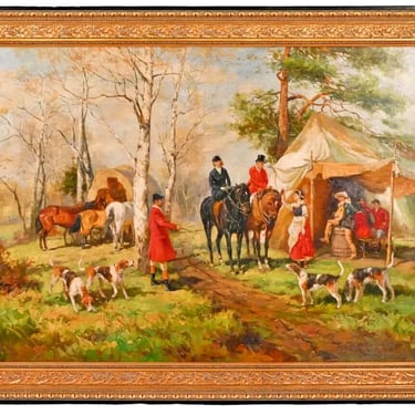 Oil Painting, Mural Sized, Signed by Jack Levine, "Hunt Scene", Carved, 20th C.