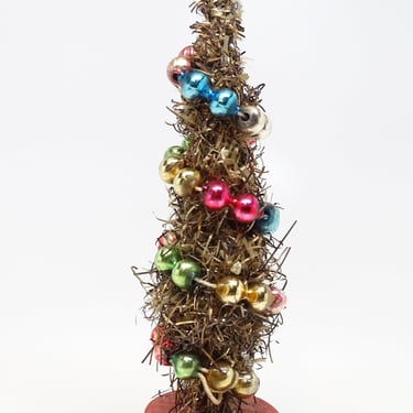 Antique 1940's Tinsel Christmas Tree with Glass Beads Garland, Red Berry,  Vintage Holiday Decor 
