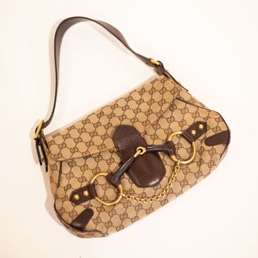 Vintage Gucci Horsebit Flap Shoulder Bag in GG Canvas + Leather Medium Tom Ford Chain Baguette Y2K Beige Brown 