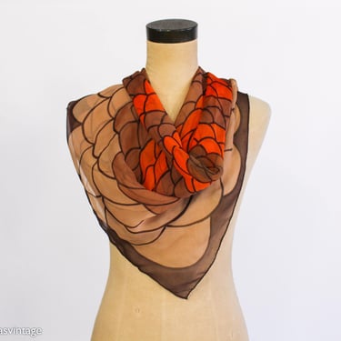 1960s Orange Brown Abstract Chiffon Scarf 60s Orange Brown Chiffon | Japan 