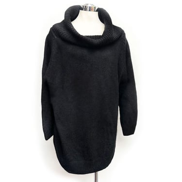SILK & ANGORA Oversized Black Sweater Tunic Dress Vintage, One Size Fits All, Cowl Neck Turtleneck XL Y2K, 1990's 