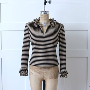 designer vintage 1990s striped wool top • black & tan avant garde looped trim knit blouse 