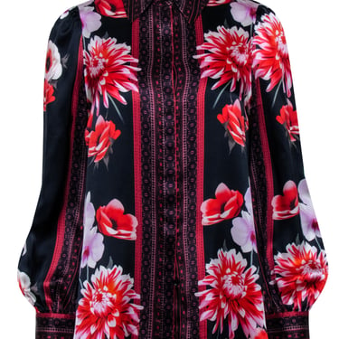 Elie Tahari - Black w/ Red & Purple Floral Scarf Print Silk Blouse Sz S
