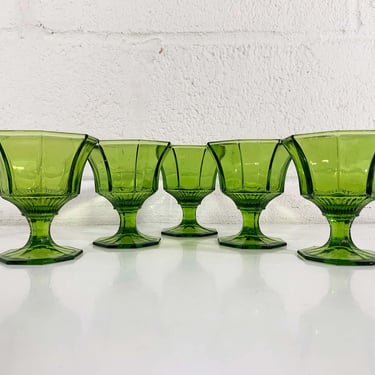 Vintage Green Coupe Glasses Goblets Set of 5 Dessert Avocado 1960s Glassware Independence Crystal Provincial Octagonal Sherbet Champagne 