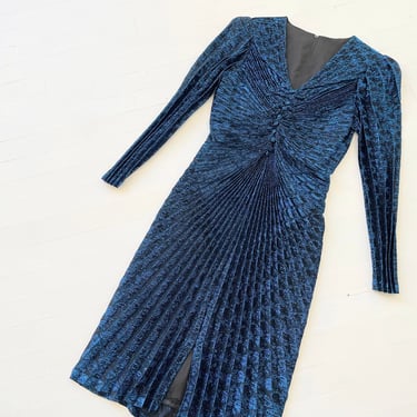 1980s Metallic Blue Pleated Sexy Dress 