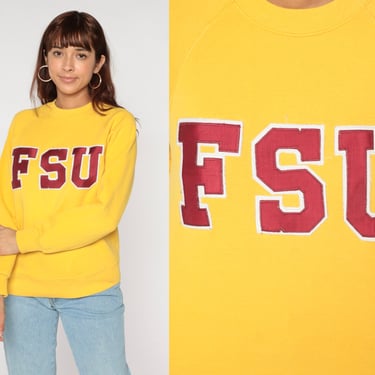 Florida State University Sweatshirt 90s College Graphic Pullover Crewneck Tallahassee Yellow Raglan Sleeve Vintage 1990s Medium Large 