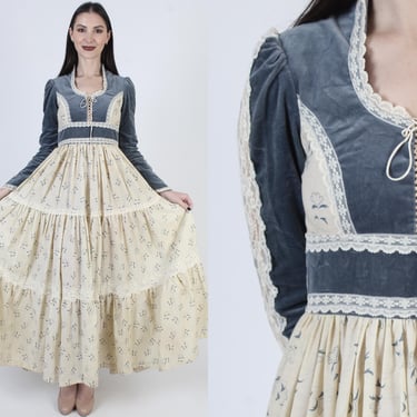 70s Gunne Sax Dress, Blue Velvet Lace Up Corset, Vintage Renaissance Fair Maxi 