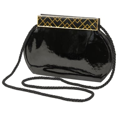 Patrick O'Dea 1980s Vintage Italian Black & Gold Enamel Patent Leather Bag 