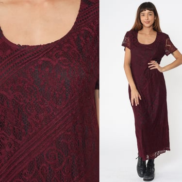 Burgundy Lace Dress 90s Maxi Grunge Dress Goth Geometric Striped Witch Gothic Vintage Bohemian Party Short Sleeve Black Lined Large 12 