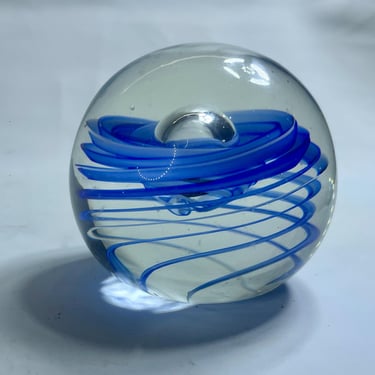 Vintage Dynasty Collection Art Glass Paperweight | Cobalt Blue Ribbon | Controlled Bubbles | 3