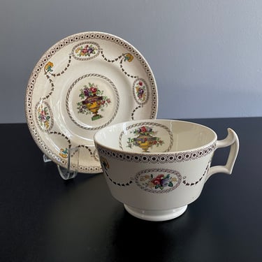 Vintage Antique Copeland Spode Oversize or Bullion Cup and Saucer - Flower Urn w Black Trim, No 2-7054 from 1916 pattern, Polychrome 