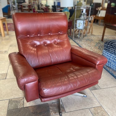 Danish Red Leather Swivel Chair