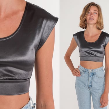 Silver Crop Top 90s Metallic Cropped Shirt Shiny Blouse Cap Sleeve Scoop Neck Lycra Spandex Party Going Out Vintage 1990s Contempo Casual XS 