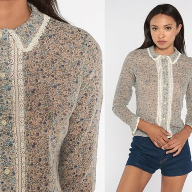70s Calico Shirt Sheer Floral Blouse Lace Boho Top Hippie 1970s Vintage Peter Pan Collar Bohemian Button Up Hipster Long Sleeve Blue Small 