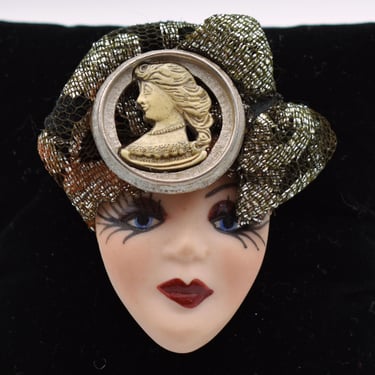 80's Lucky Lady porcelain flapper brooch, handcrafted china woman's face pin, original card 