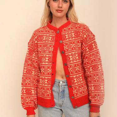 Vintage 1970s Norwegian Wool Red & White Geometric Winter Cardigan 