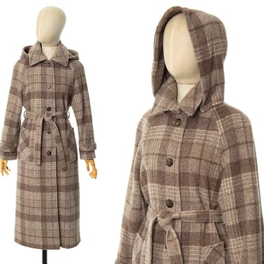 Vintage 1970s Hooded Coat | 70s Plaid Wool Belted Grey Brown Winter Trench Coat with Hood (small) 