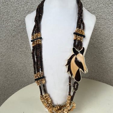 Vintage boho wood & stones beaded necklace acrylic horse pendant 34” 