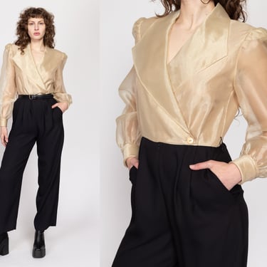 Medium 80s Organza Two Tone Jumpsuit | Vintage Gold Black Sheer Sleeve Collared Pantsuit 