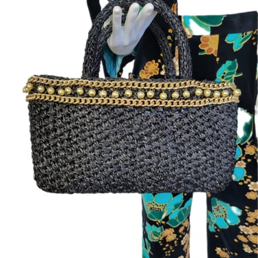1960's Italian Black Straw Tote Bag I Purse I Gold Embellishments I Burdines Sunshine Fashion 