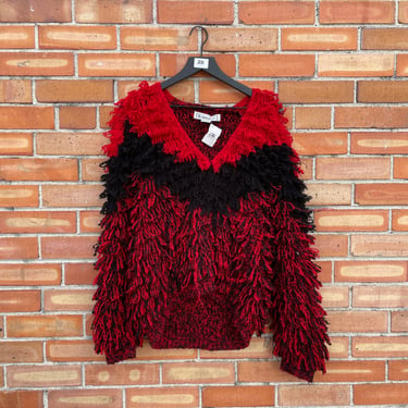 vintage 80s red and black loop knit shag sweater / l large 