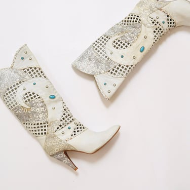 70s 80s White High heel Boots Size 8 8 1/2 by Sasha London White Studded Turquoise Metallic Snake Skin Cut Out Leather Boots Size 8 1/2 