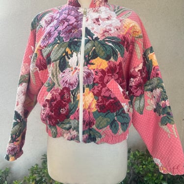 Vintage boho quilted reversible bomber jacket pinks floral & stripes pockets Sz S/M by Huba 