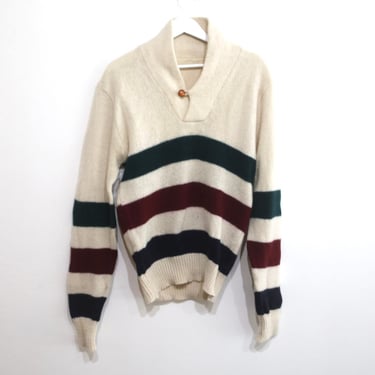 vintage HUDSON bay wool CREAM striped henley sweater -- size medium/large 