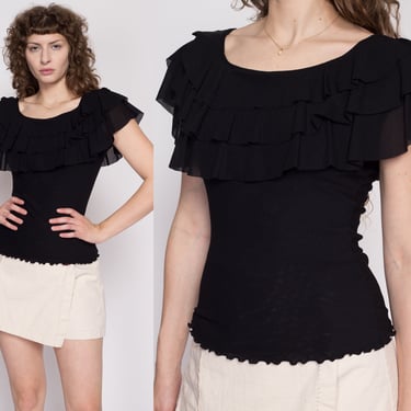 Medium 90s Black Ruffle Collar Mesh Blouse | Vintage Gothic Short Sleeve Lettuce Hem Top 