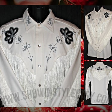 H Bar C, California Ranchwear, Vintage Western Taos Men's Cowboy Shirt, Fringe & Rhinestones, Size 17.5, Approx. XXLarge (see meas. photo) 