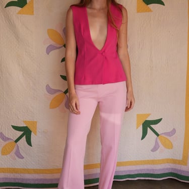60s Trouser Pants / Sixties Seventies Bell Bottom Pants / High Waist Pink and White Pinstripe Work Pants / Stretchy Double Knit Poly Pants 