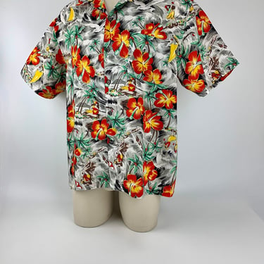 1960's-70's Tropical Island Shirt - Creeks Wear Label - 100% Rayon - Loop Collar - Patch Pocket - Made in Singapore - Men's Large 