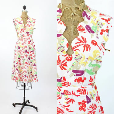 1940s handmade pinafore dress novelty print xs | new summer 