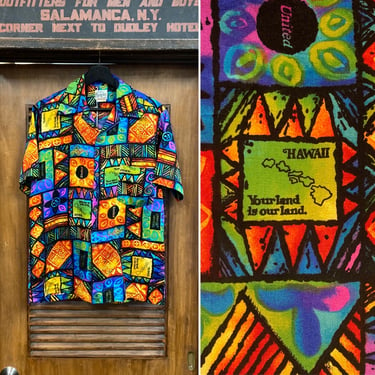 Vintage 1960’s Pop Art United Airlines Tiki Mod Hawaiian Acrylic Shirt, 60’s Vintage Clothing 