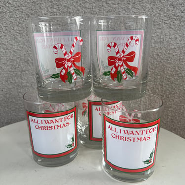 Vintage set 5 Rock glasses All I Want For Christmas candy cane theme Holds 10 ozs 