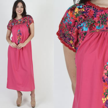 Pink Oaxacan Embroidered Maxi Dress / Mexican Floral Hand Embroidered Vestido / Fuchsia San Antonio Traditional Lounge Outfit 