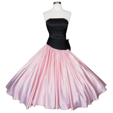 Vintage 80s Light Pink Ballet Full Circle Skirt Strapless Black Prom Party Dress XS Extra Small Light Ballet Bow Queen Gown Dance Costume 