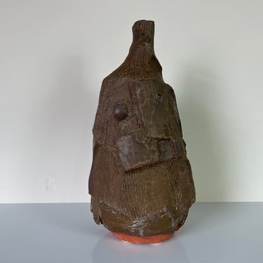 80's Mid-Century Brutalist Heavy Stoneware Studio Pottery Vase, Signed 