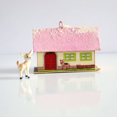 Vintage Mini Barn Ornament made in Japan,  Vintage Cardboard House Lithograph with Pink Roof 