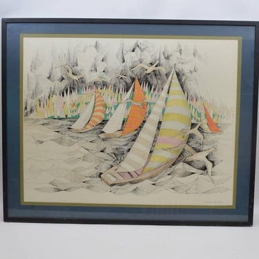 For the Art Lover: Vintage Nautical Signed "The Gathering Storm" Lithograph Colorful Sailboats on the Sea - Camino Collective 