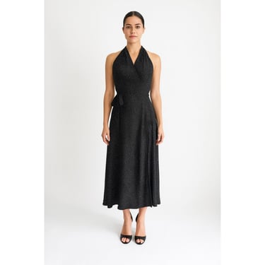 polka dot maxi dress 90s vtg Shelli Segal black wrap halter dress 