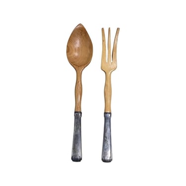 Mid Century Teak Serving Fork and Spoon with Etruscan Sterling Handle 