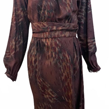Iconic Halston 70s Brown Print Twill Wrap Dress