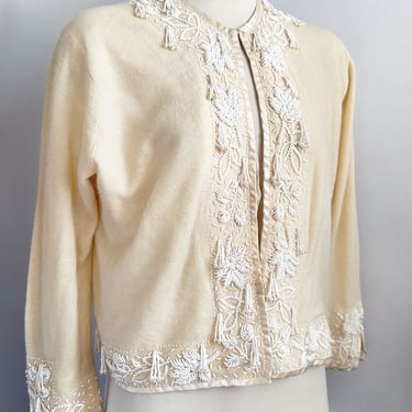 50's Ivory Wool Beaded Cardigan Sweater Lined Vintage 1950's, 1960's Womens MEDIUM Mid Century White Wedding Bridal Pinup 