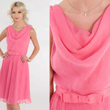 Pink Party Dress 70s Chiffon Mini Dress Sleeveless Cowl Neck High Waisted Bow Belt Pleated Evening Cocktail Prom Formal Vintage 1970s XS 