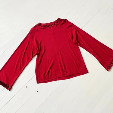 1980s Jean Muir Red Silky Blouse with Sequin Neckline and Sleeves 