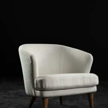 Low Mid-Century Scandinavian Modern Oak & Fabric Armchair with Rounded Backrest, 1960s 