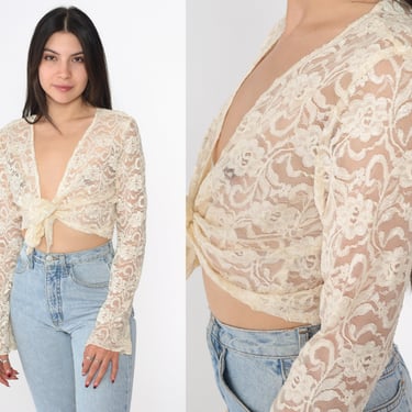Lace Crop Top 90s Sheer Tie Front Blouse Bohemian Off-White Lace Shirt Tie Up See Through Boho Long Sleeve Vintage Bohemian Medium Large 